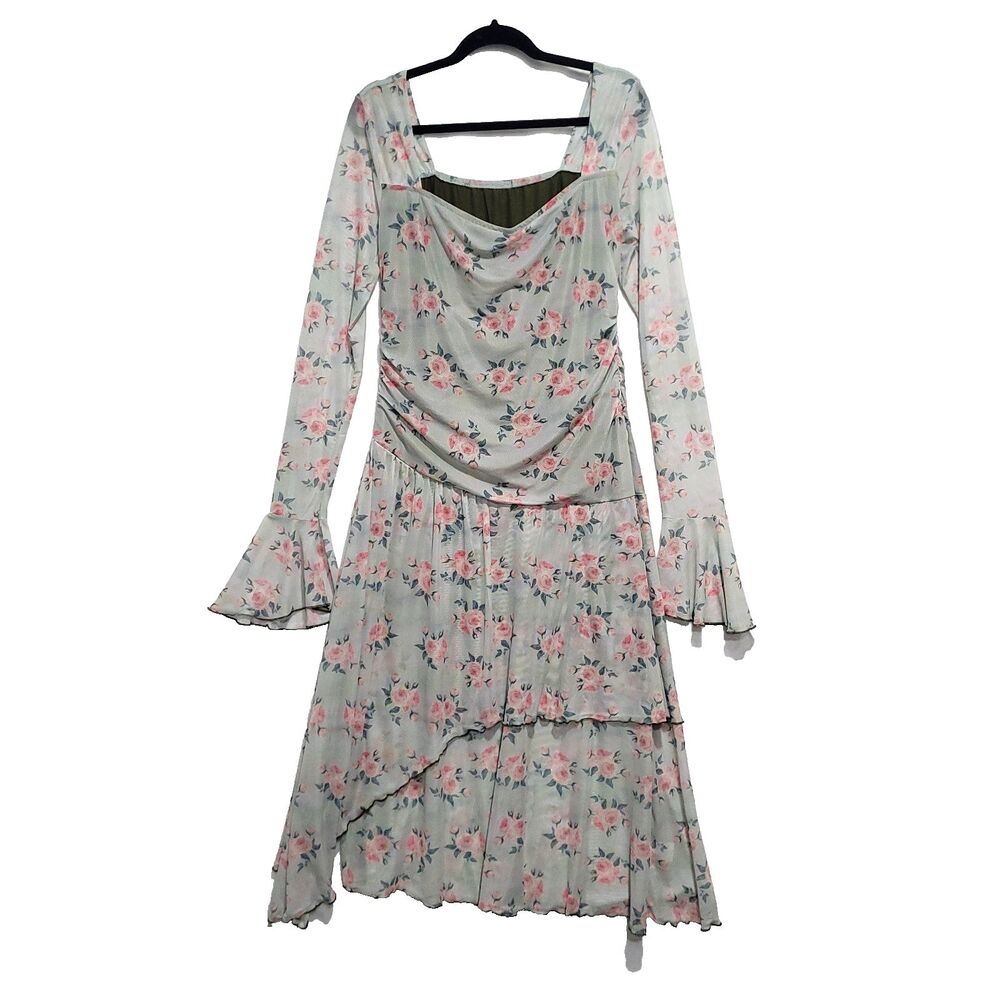 Coquette Sheer Midi Dress XL Floral Tiered Bell Sleeve Feminine Sweatheart